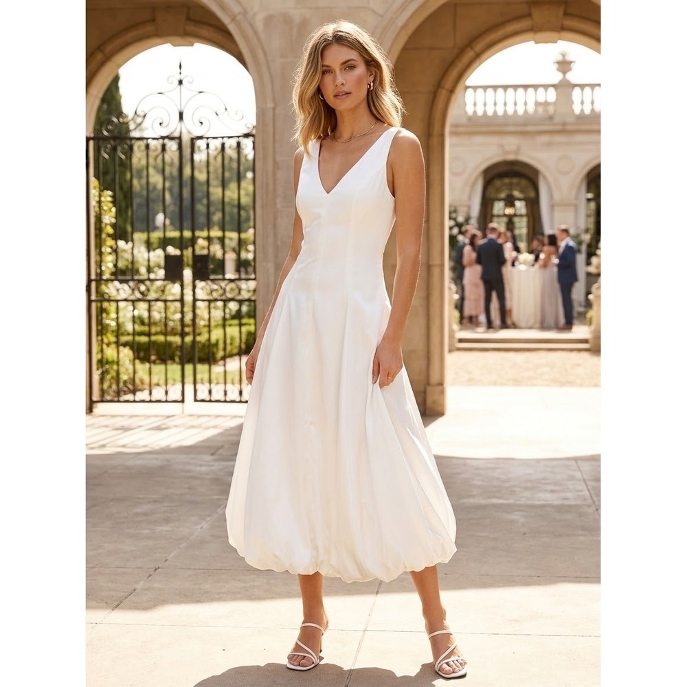 Abercrombie & Fitch White Satin V-Neck Bubble Hem Midi Dress XXSP NWT